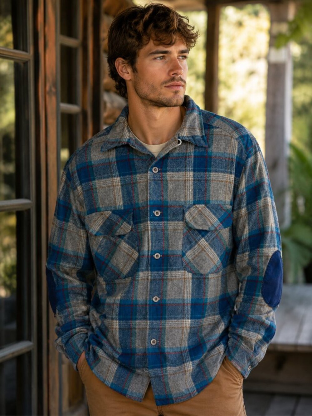 Vintage Pendleton Wool Flannel Shirt Medium Blue Plaid Elbow Patch USA 50s 60s